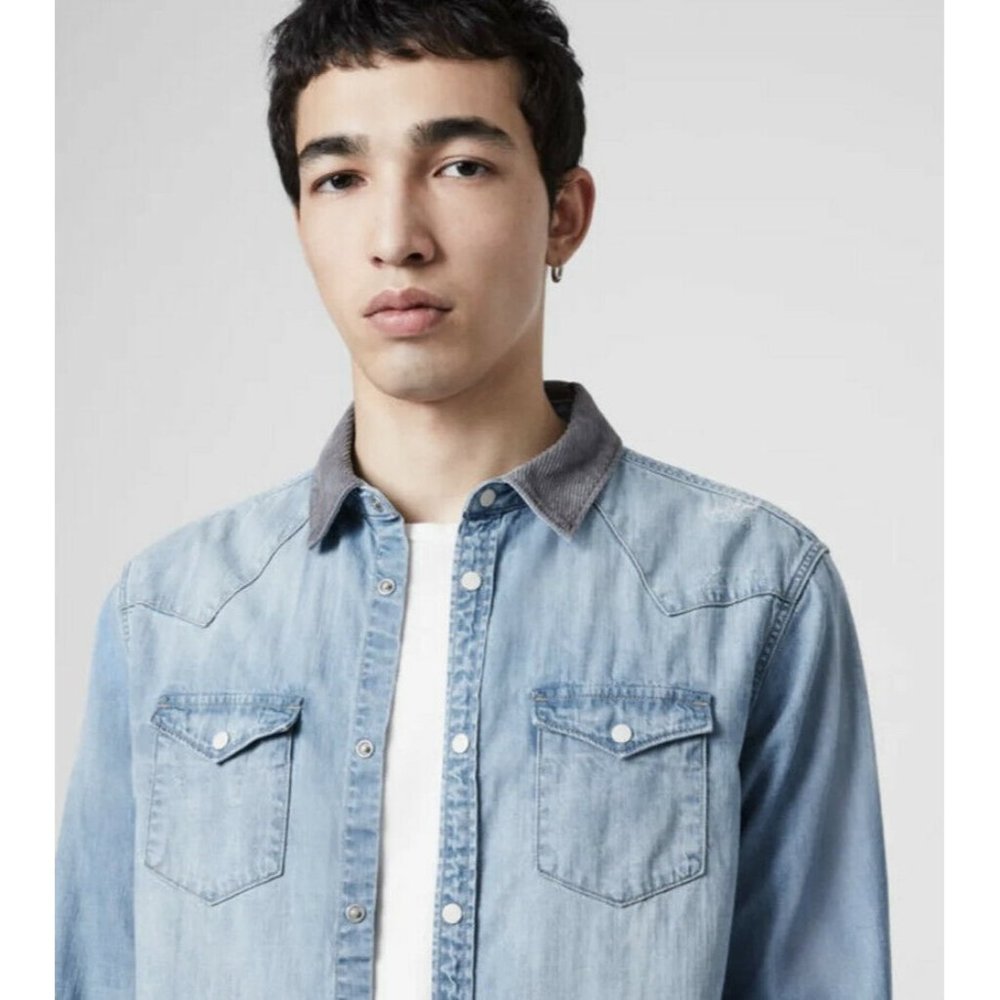 All Saints Men's Reed Regular Fit Blue Denim Shirt - Picture 1 of 10